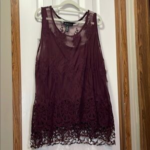 INC International Concepts Maroon Lace Tank Top with Scalloped Hem